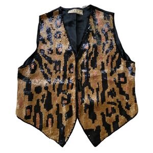 Vintage 90s Savvy Sequin Leopard Animal Print Vest Women XL Retro Beaded Party